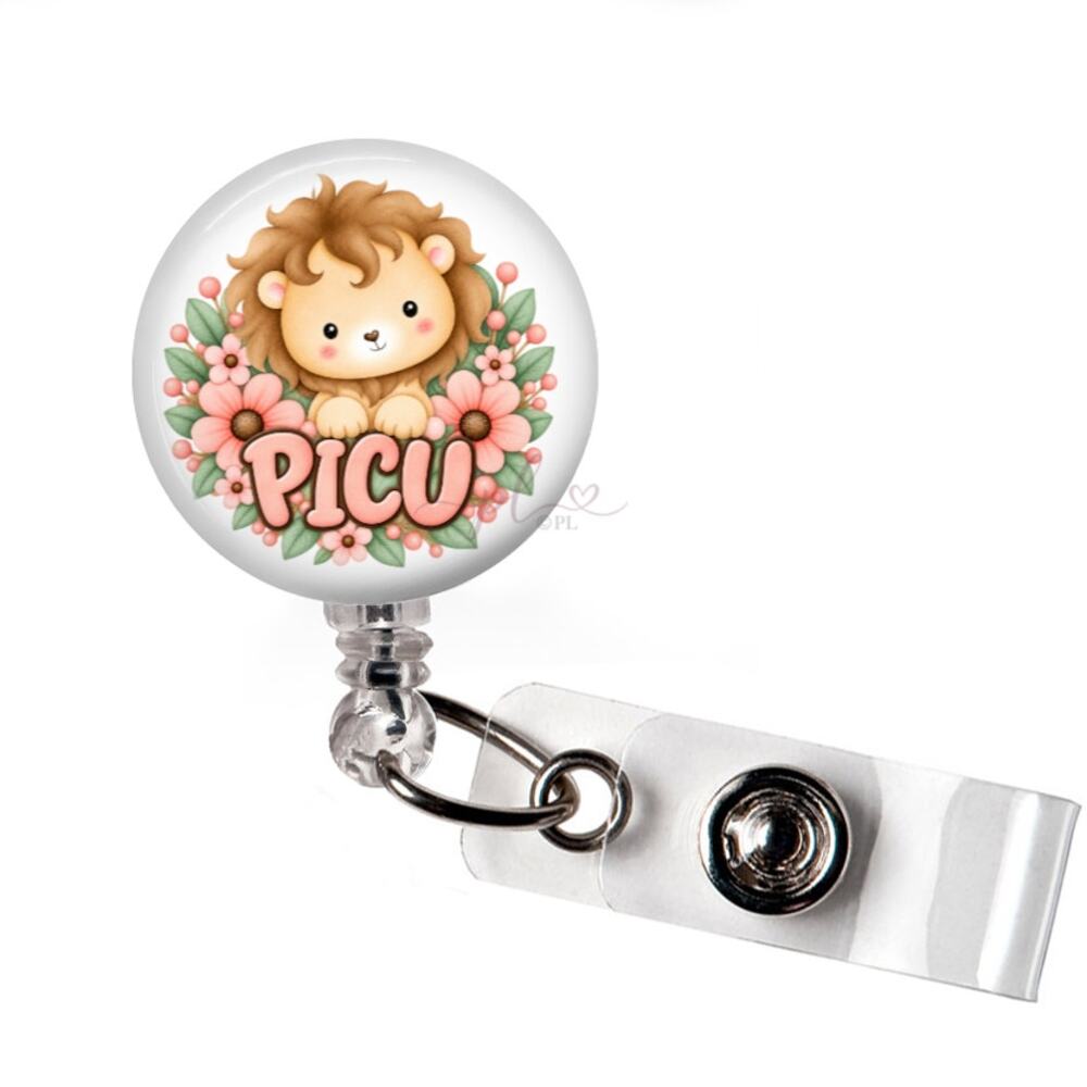 PICU Nurse Badge Reel Pediatric Intensive Care Cute Lion Floral ID Holder
